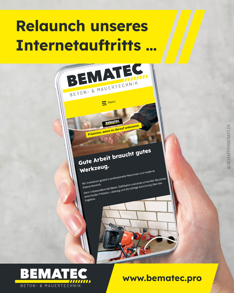 Hand zeigt BEMATEC-Webseite auf Smartphone mit Relaunch-Hinweis