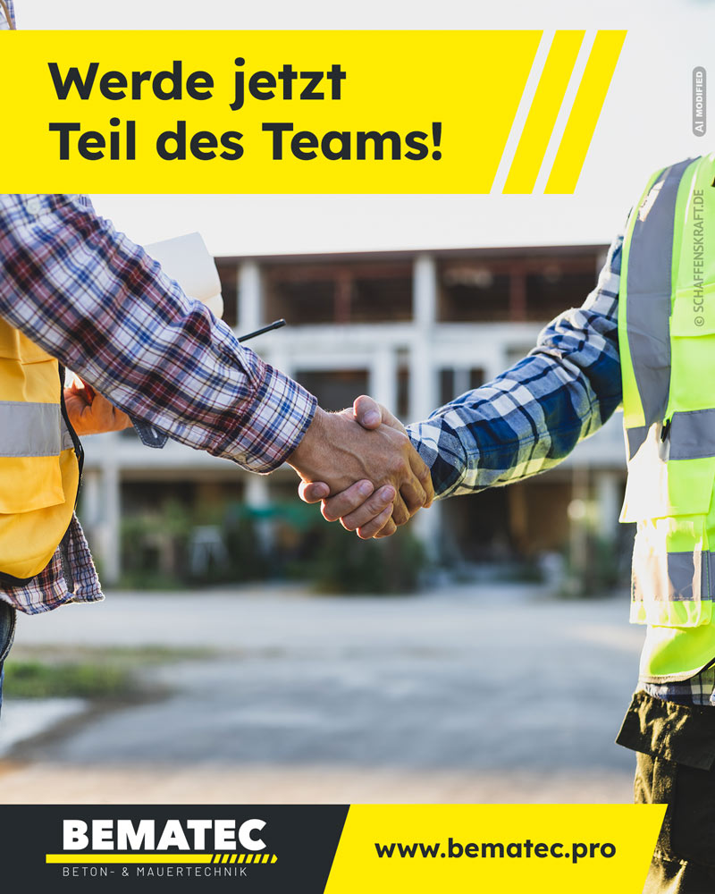 Zwei Bauarbeiter reichen sich zur Teamverstärkung die Hand.